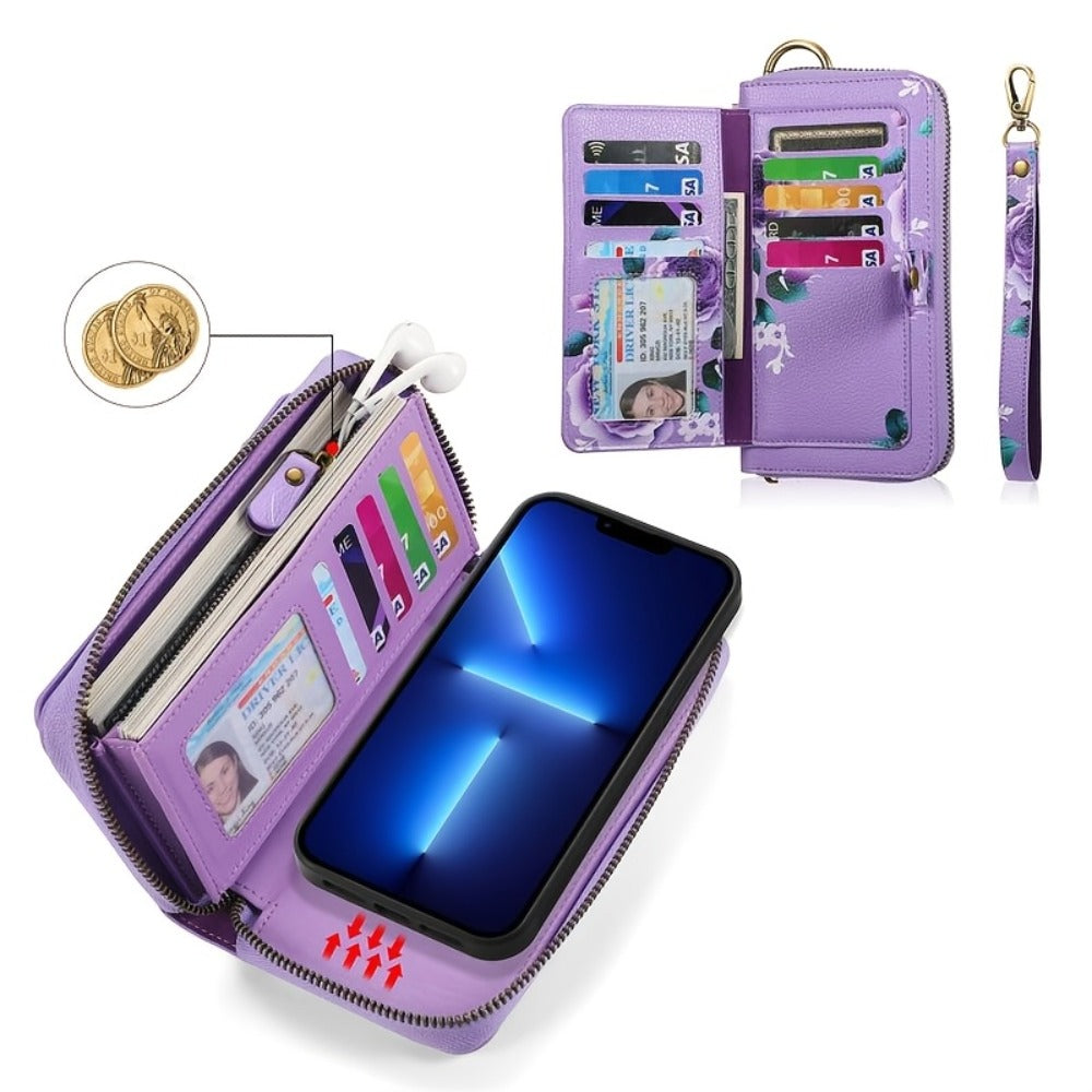 1 Stylish Purple Floral Faux Leather Zipper Wallet – Large Capacity Handbag with Phone Compartment, Multiple Card Slots & Coin Purse Design, Elegant Rose Pattern, Delicate Texture – Perfect Gift for Teens