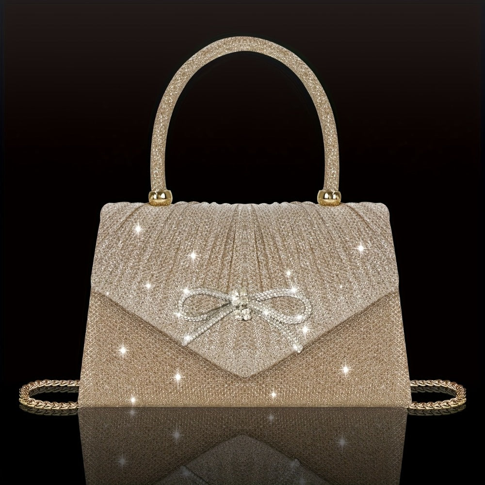 [Elegant Sequin Clutch Set] Elegant Champagne Sequin Clutch with Rhinestone Bow - Matching Rhinestone Earrings, Necklace & Bracelet Set | Ideal Valentine's Day Gift for Women, Party Accessory | Detailed Closure