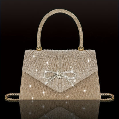 [Elegant Sequin Clutch Set] Elegant Champagne Sequin Clutch with Rhinestone Bow - Matching Rhinestone Earrings, Necklace & Bracelet Set | Ideal Valentine's Day Gift for Women, Party Accessory | Detailed Closure