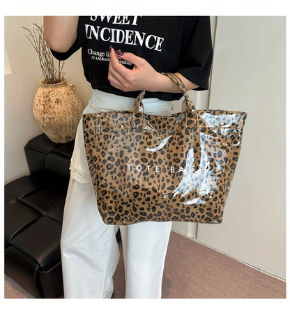 Fashion High-end Texture Large Capacity Leopard Print Tote Bag, PU Open Tote Bag Storage Bag, Niche Design Versatile Tote Bag Beach Vacation Tote Bag