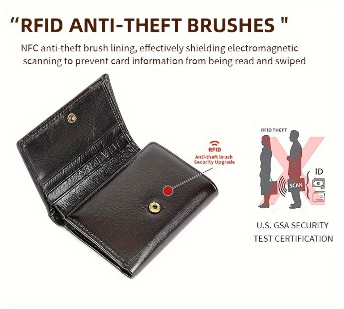 [Leather Tri-fold Wallet] Valentine's Day Gift, Genuine Leather Tri-fold Wallet - Anti-theft Brush Shield, Coin Pocket for Men