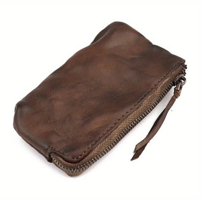 Vintage Style Genuine Top-Grain Leather Coin Purse, Hand-Painted Mini Pouch with Zipper - 1pc