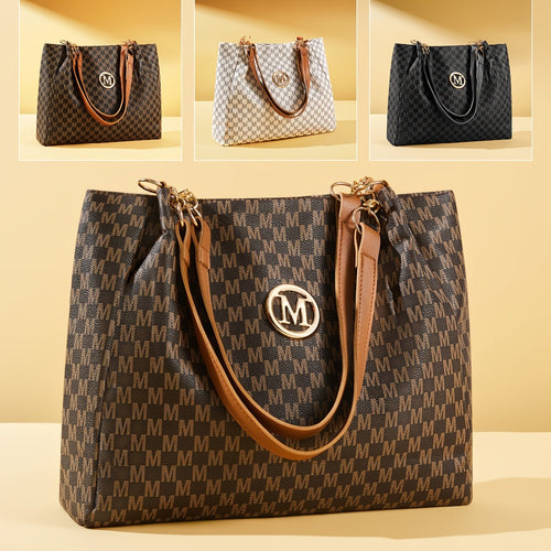Women's PU Large Capacity Vintage Tote & Crossbody Bag with M Print Character & Hardware - Retro Shoulder Handbag Suitable for Travel,,, Machine Washable, Zipper Closure, //