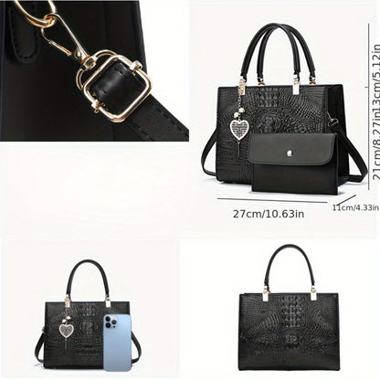 A Women'S Bag Featuring a Crocodile Print Texture, Designed for Both Hand And Crossbody Use, with a Heart-Shaped Hanging Decoration As a Finishing Touch