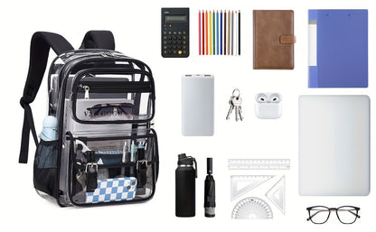 Women's PVC Transparent School Backpack with Large Capacity Multi-Pocket Bookbag, Adjustable Shoulder Straps & Transparent Panels Suitable for School, College, Office, Computer Bag, Laptop Carrier, Zipper Closure