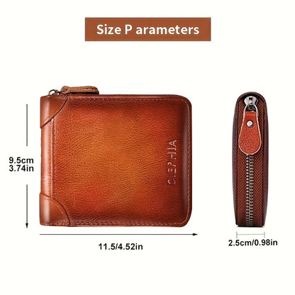 Men'S Genuine Leather Zipper Wallet RFID Secure Large Capacity Double Fold Multi-Card Top Layer Leather Wallets for Men And Coin Purse Christmas Father'S Day/Valentine'S Day/Anniversary Gift The Set Includes a Greeting Card