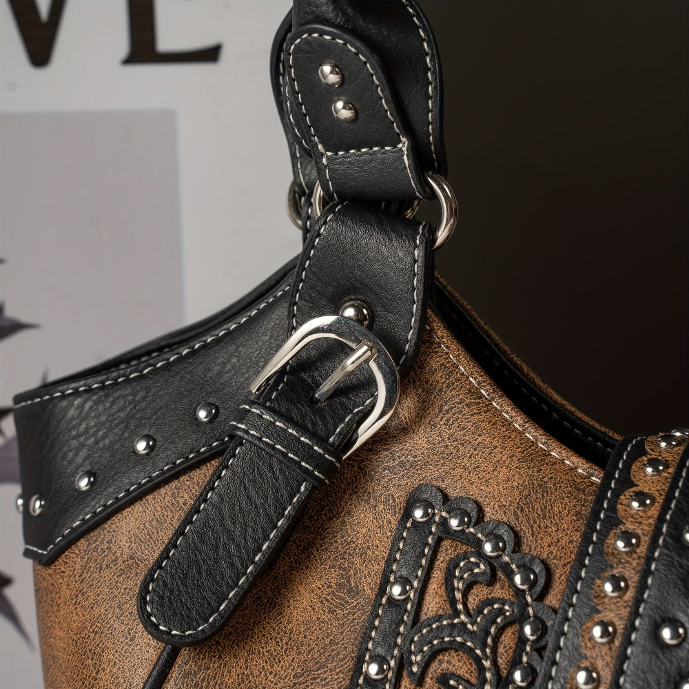 Western Style Berry Conchos Cowgirl Country Conceal Carry Purses Crossbody Handbags Women Shoulder Bags Wallet Set Brown Christmas Gifts