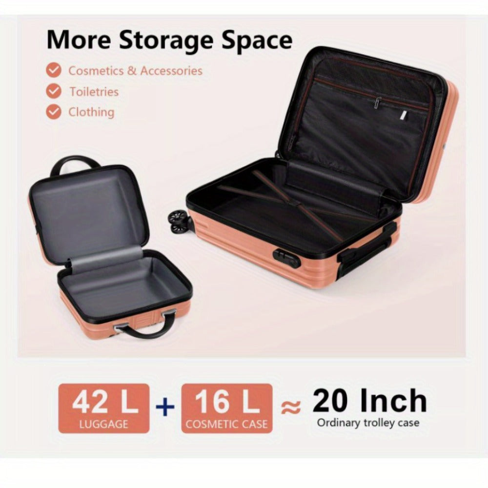 2pcs Luggage Set, 20-Inch Carry-On + 14-Inch Makeup Case, Hardshell Trolley Suitcase with Hooks And TSA Lock & Spinner Wheels, for Business Trips And Vacations. Rose Golden/Silvery/Deep Blue