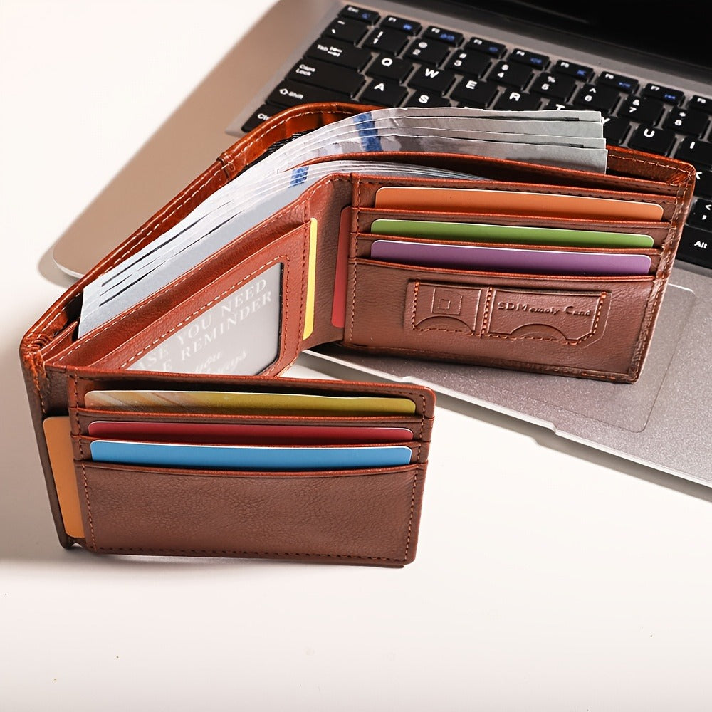 A Set Includes a Greeting Card And a Men'S Genuine Leather Wallet Made of Top-Layer Cowhide, Featuring RFID Protection Against Skimming. It Can Hold ID Cards And Credit Cards with 11 Card Slots - a Multifunctional, Spacious Vintage Wallet