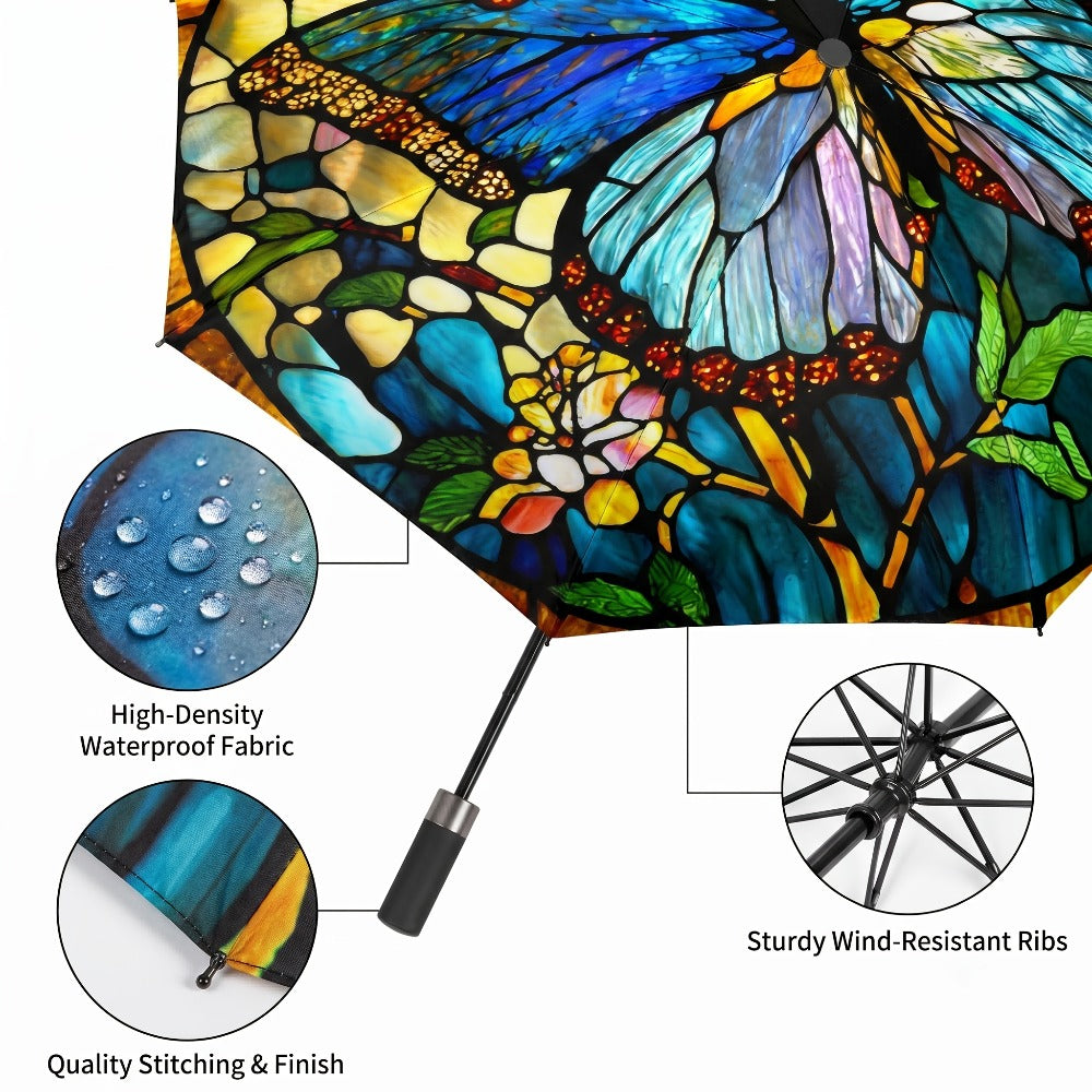 Auto Open-Close Umbrella - Painted Butterfly Pattern with Blue And Golden Floral Design, Sturdy 8-Frame Structure, Auto Fold/Unfold Function, Portable Travel Umbrella, Suitable for Women, Parties And Daily Use, Elegant Sunshade