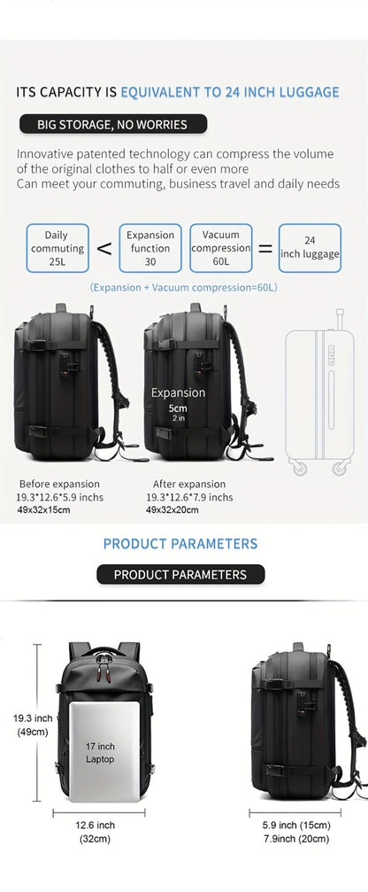 Somago Vacpack Backpack, 15.85gal Expandable Backpack with Vacuum Compression, TSA Lock Laptop Backpack Fit for 16 Inch PC with Air Pump, Anti Theft Travel Vacuum Backpack Space Saver Backpack