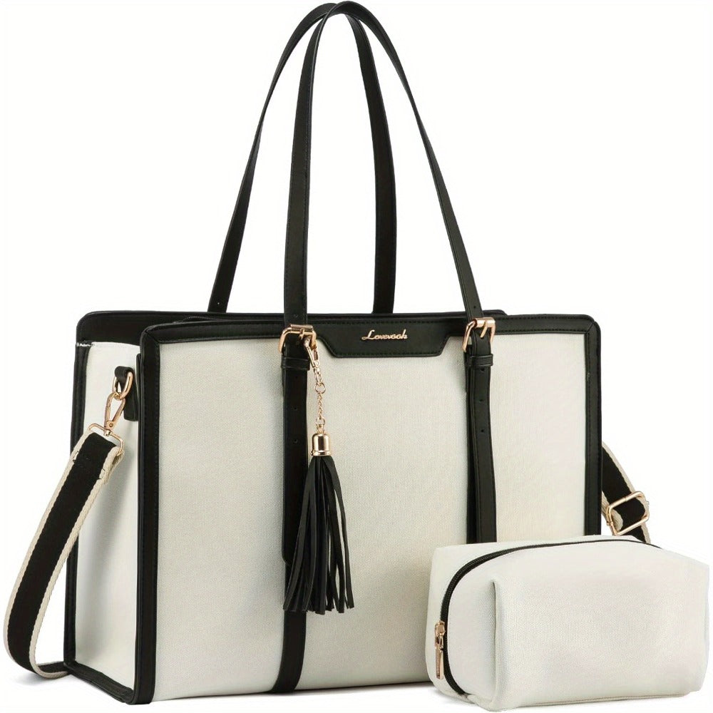 [Canvas Leather Laptop Tote] LOVEVOOK 15.6 inch Canvas Leather Laptop Tote Bag for Women - Computer bag with Clutch Purse for Business, Travel, Casual