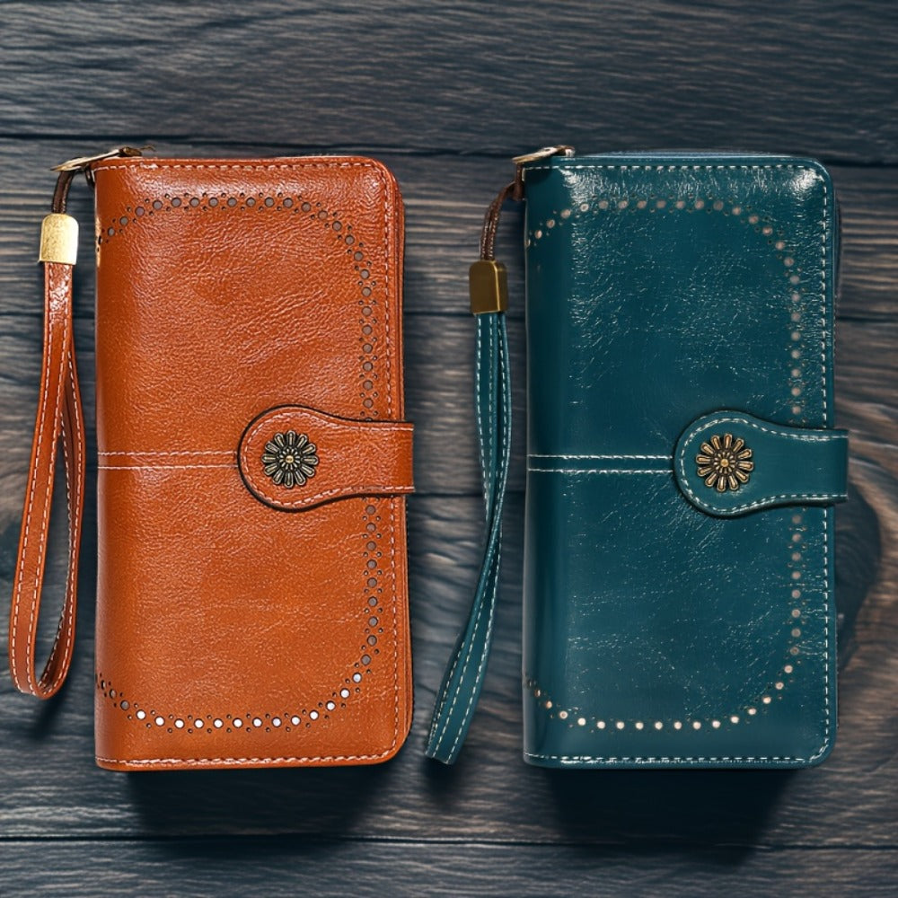 Anti-theft Ladies Wallet - Sunflower Pattern, 12 Card, Mobile Phone Bag, ID Card Window And Zipper Wristband, Fashionable Retro Synthetic Leather Long Wallet, Zipper Closure, Perfect for Daily Use, Daily Wallet | Modern Wallet | Durable Zipper Wallet