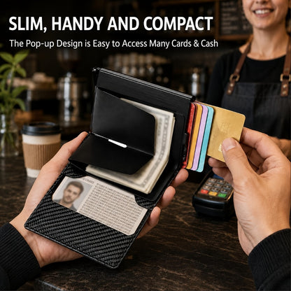 [CARBON FIBER Wallet] Men'S Wallet With Automatic Pop-up Metal Credit Card Holder, RFID Blocking Business Card Wallet, Microfiber Genuine Leather, 10 Card Slots, Smart Airtag, Lightweight Multi-functional Money Clip, Suitable For Travel/ Daily USE.