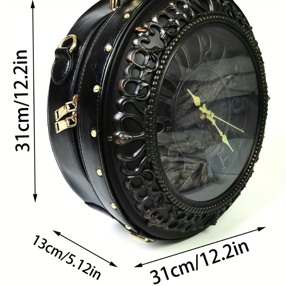 Women's Retro Steampunk Handbag with Clock Face - Battery- Crossbody Bag, / Suitable for Outfits, Themed Events & Daily Use, Zipper Closure Shoulder Purse,