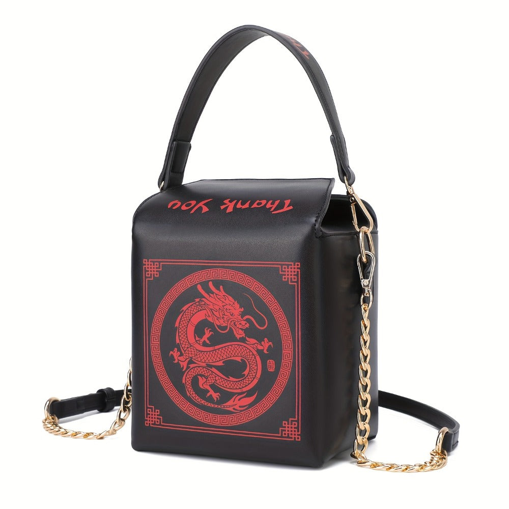 Messenger Loong Shoulder Purse, Chinese Takeout Crossbody Bag for Women, Novelty Dragon Pattern Fun Handbag