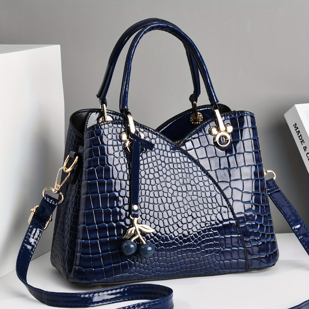 2022 Newest Trendy Women's Faux Crocodile-Texture Handbag with Cherry Pendant - Stylish Black and Red Shoulder and Crossbody Bag, Zip Closure, Polyester Lining, Edge Paint Detail, Crossbody Bag|Chic Shoulder Bag|Zippered Bag