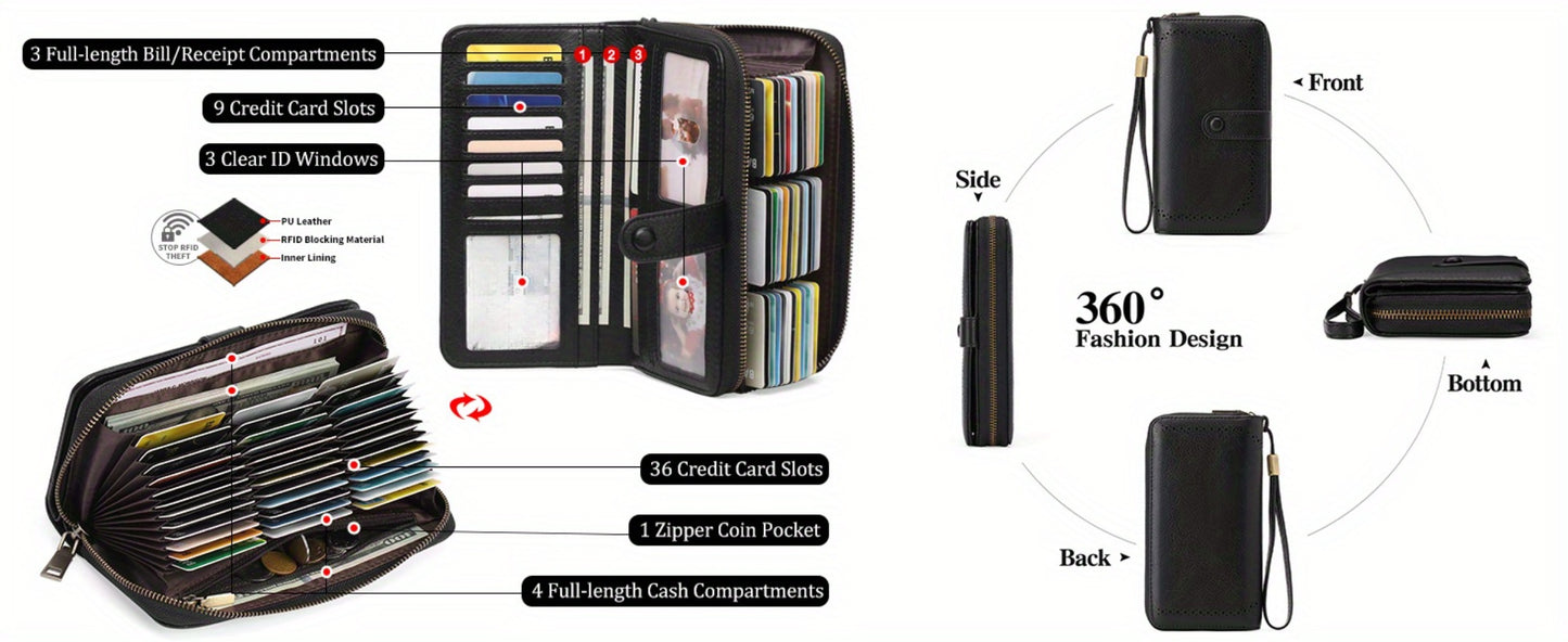 Women's RFID Blocking Wallet & Card Holder with ID Window | Multi-Slot Zipper Purse, Removable Wrist Strap | Compact Long Wallet for Travel/Daily Use | Gift for Her (Lightweight, 45 Card Slots)