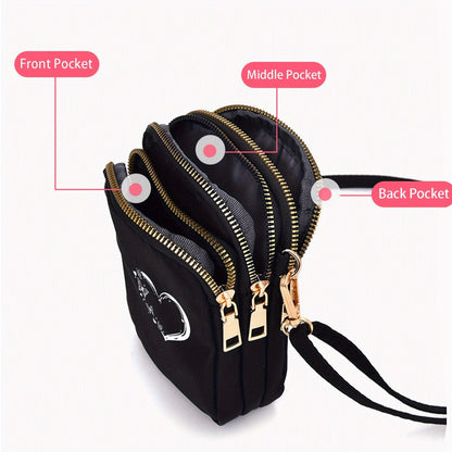's Compact Crossbody Bag - Heart-Shaped Window with Golden Zipper, Adjustable Strap, Oxford Cloth Purse with Coin Pocket & Headphone Jack - Lightweight Everyday Bag for, Phone Purse for Travel, Work, School - Black Crossbody Bag with Butterfly Heart Print