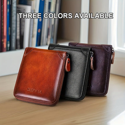 Men'S Genuine Leather Zipper Wallet RFID Secure Large Capacity Double Fold Multi-Card Top Layer Leather Wallets for Men And Coin Purse Christmas Father'S Day/Valentine'S Day/Anniversary Gift The Set Includes a Greeting Card