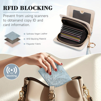 Wallet Women RFID Blocking Small Wallets With Cash Clutch Compact Bifold With Zipper Coin Pocket Ladies Credit Card Holder Glittery Butterfly Travel Purse With Tassel GREEN Mom Gift Tote Essential Daily