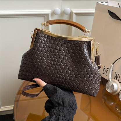 1pc Women'S Elegant Synthetic Crossbody Bag with Detachable Strap And Kiss Lock Closure - Luxury Embossed Design, Golden-Tone Hardware, - Coffee Brown, Red, Green, Black for Weddings, Parties, Evening Events