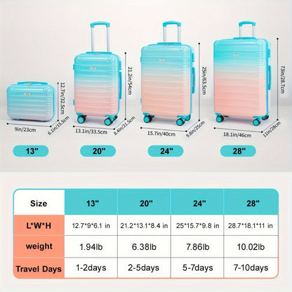 UUH - 4pcs Luggage Set - Sturdy ABS Material Luggage, Smooth Dual Wheels, TSA Certified Locks, 13/20/24/28 Inch Sizes, Gradient Colours, 13 Inch Carry-on Case Included, Ultra-lightweight Design - Perfect for Travelling