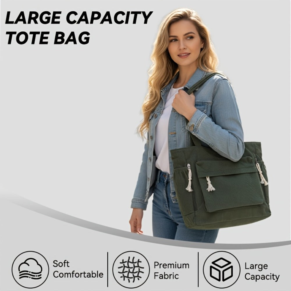 Spacious And Trendy Shoulder Bag for Women, Crafted from Corduroy Fabric. an Essential Addition to Your Wardrobe, It Includes Small Inner Pockets, a Zipper Closure, a Chic Minimalist Design for Underarm Wear, And Elastic Side Pockets
