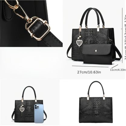 A Women'S Bag Featuring a Crocodile Print Texture, Designed for Both Hand And Crossbody Use, with a Heart-Shaped Hanging Decoration As a Finishing Touch