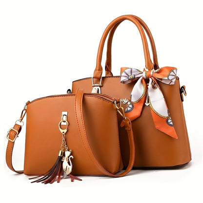 2pcs Ladies' Fashionable And Versatile Bag, Large Capacity Casual Handbag, Simple Single Shoulder Crossbody Bag, Cat Pendant Tassel Bag, Exquisite Y Scarfs, Suitable for Gifting Girlfriends, Wives, Parents for Best Birthday Gifts