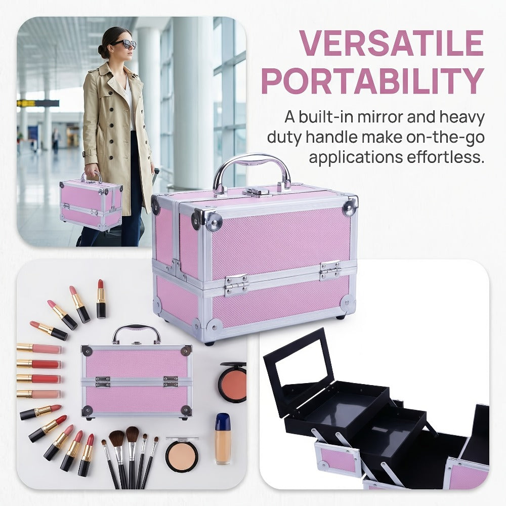 Aluminum Makeup Case - Train Case Jewelry Box Cosmetic Organizer with Mirror & Trays, Handheld Makeup Case with Handle