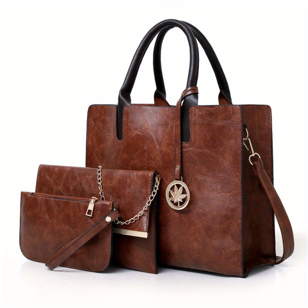 Set of 3 Vintage-Inspired Women'S Bags - Includes a Tote with Chain, a Crossbody Bag, And a Coin Purse