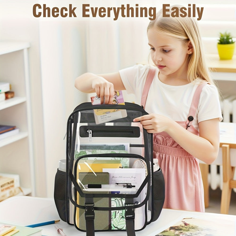 Heavy Duty Clear Backpack, Fabric And PVC Transparent Bookbag for School, See-Through Design with Reinforced Straps - Unisex Large Capacity Clear Bag for College, Travel And Security Checks