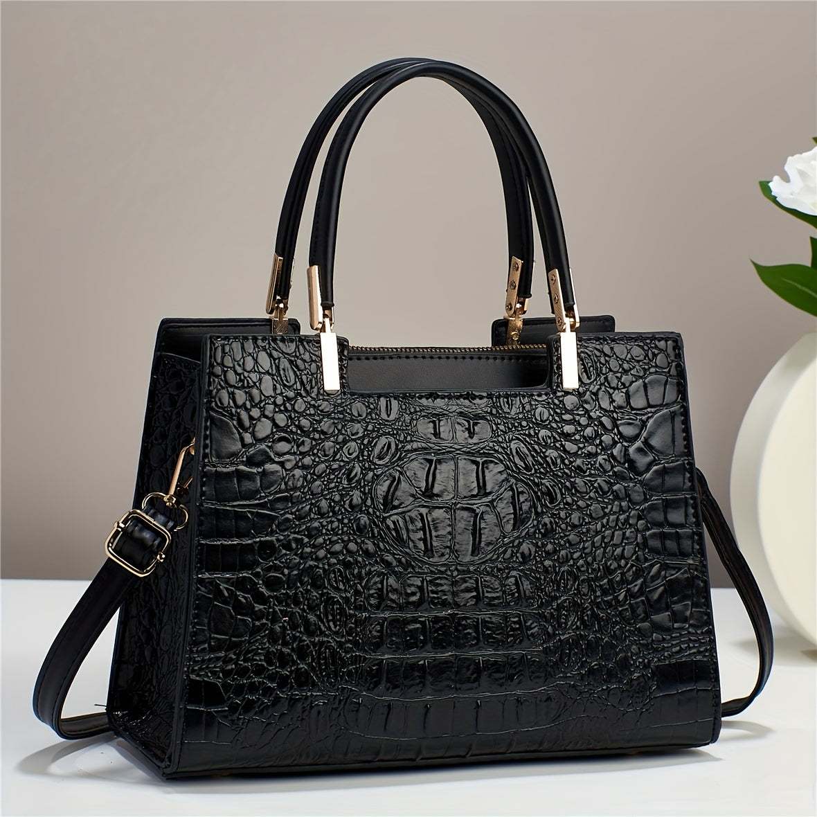 Small Handbag for Women, Stylish Crocodile Pattern Tote Bag, Color Contrast Crossbody Bag, Fashion Satchel Purse with Multi Pockets