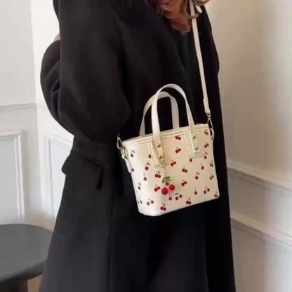 Women's Cherry Print Bucket Bag - White Crossbody Shoulder Bag with Golden Chain & Detachable Cherry Charm, Zipper Closure, Spacious Handbag for Work, Shopping, Party, Commute | Fashion Gift for Her Women's Discount Package