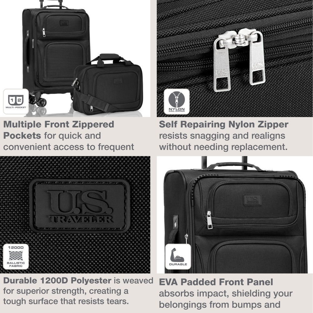 U.S. Traveler Rio II 2-Pcs Polyester Carry-on Suitcase w/ Tote | Soft Shell, Lightweight, Expandable & 360° Dual Spinner Wheels | Two-Tone, Colorblock, Matching Color, Black, Evergreen & Teal - Travel Luggage Set for Travel, Business Trips, and Weekend Ge