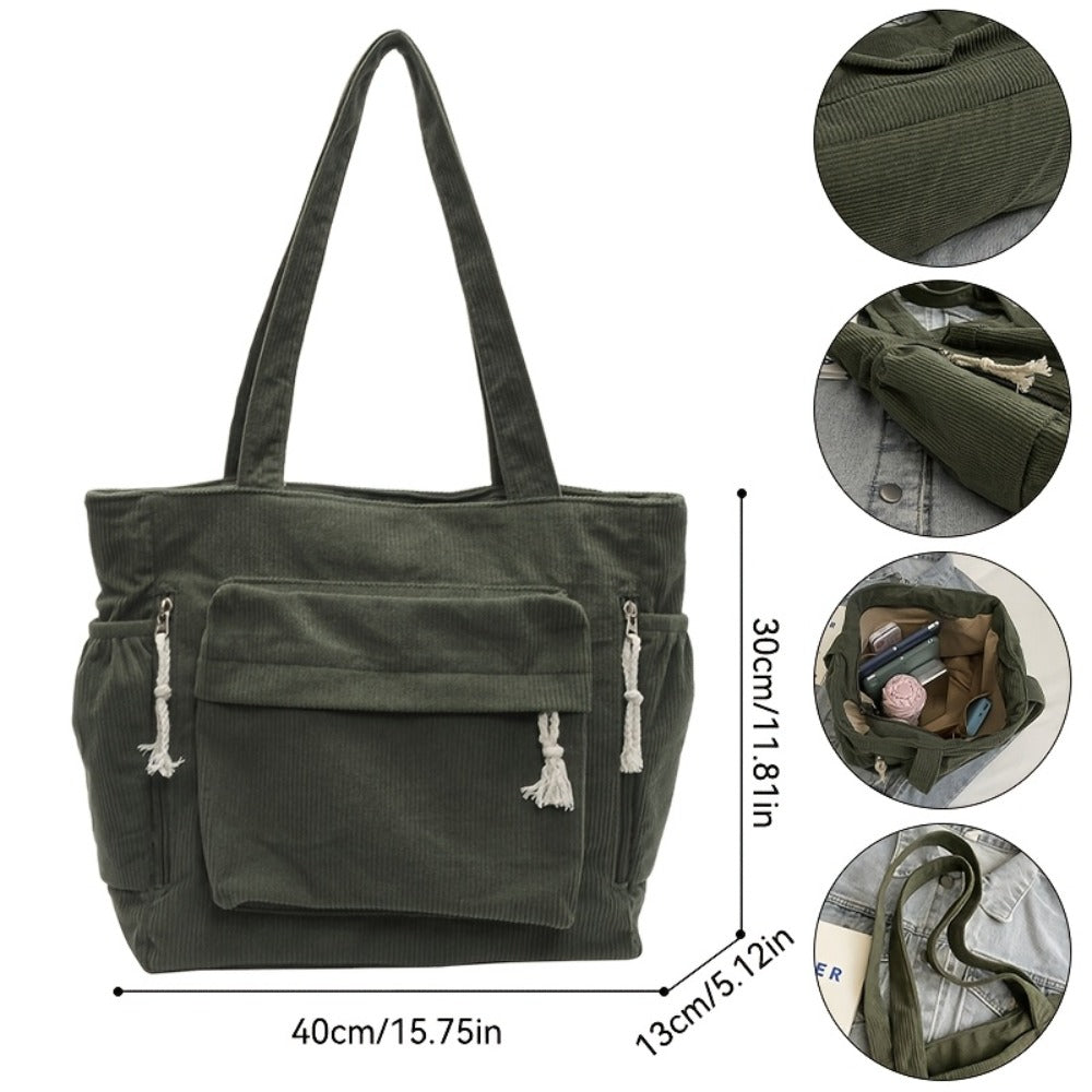 Spacious And Trendy Shoulder Bag for Women, Crafted from Corduroy Fabric. an Essential Addition to Your Wardrobe, It Includes Small Inner Pockets, a Zipper Closure, a Chic Minimalist Design for Underarm Wear, And Elastic Side Pockets
