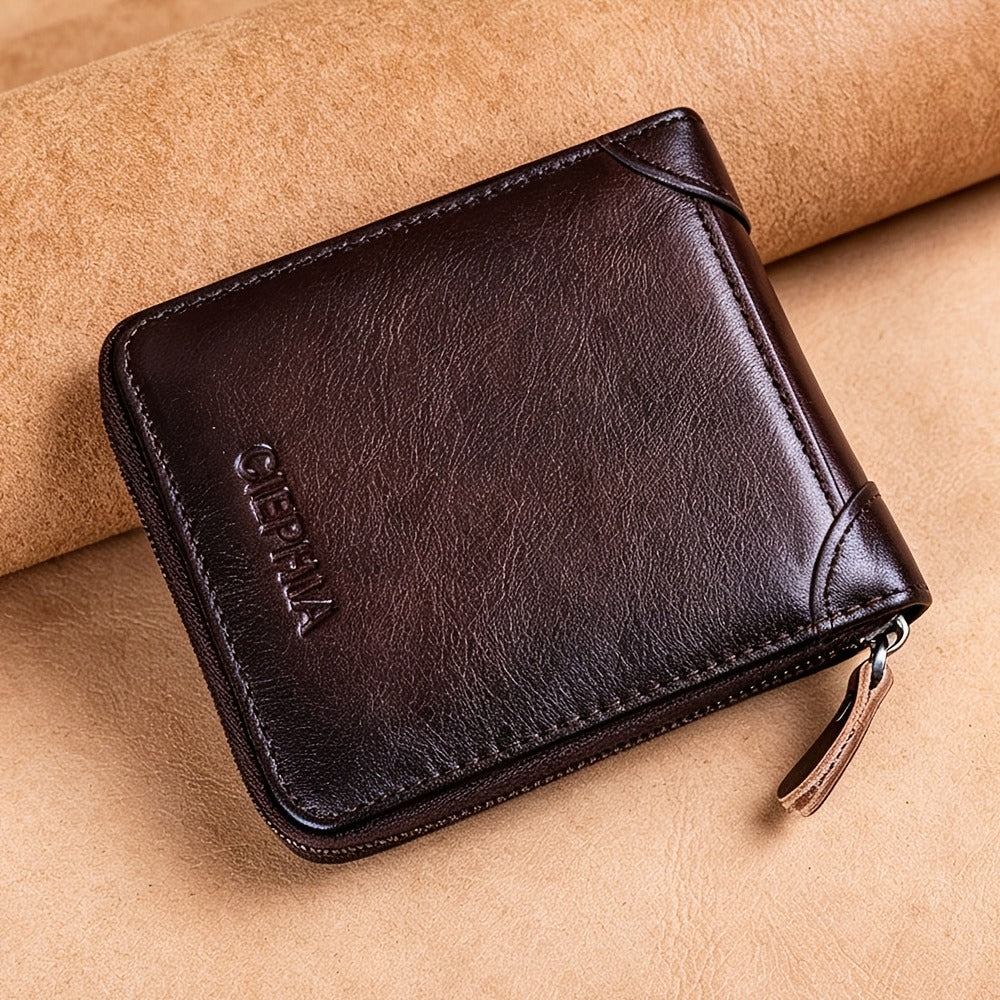 Men'S Genuine Leather Zipper Wallet RFID Blocking Large Capacity Double Fold Multi-Card Top Layer Leather Wallets for Men And Coin Purse