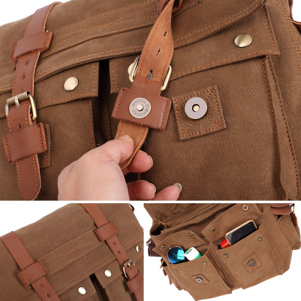 High-Quality Men'S Canvas And Leather Bags Suitable for Business, Travel, And Casual Use, Available in Khaki And Black, Known for Their Durability And Craftsmanship.