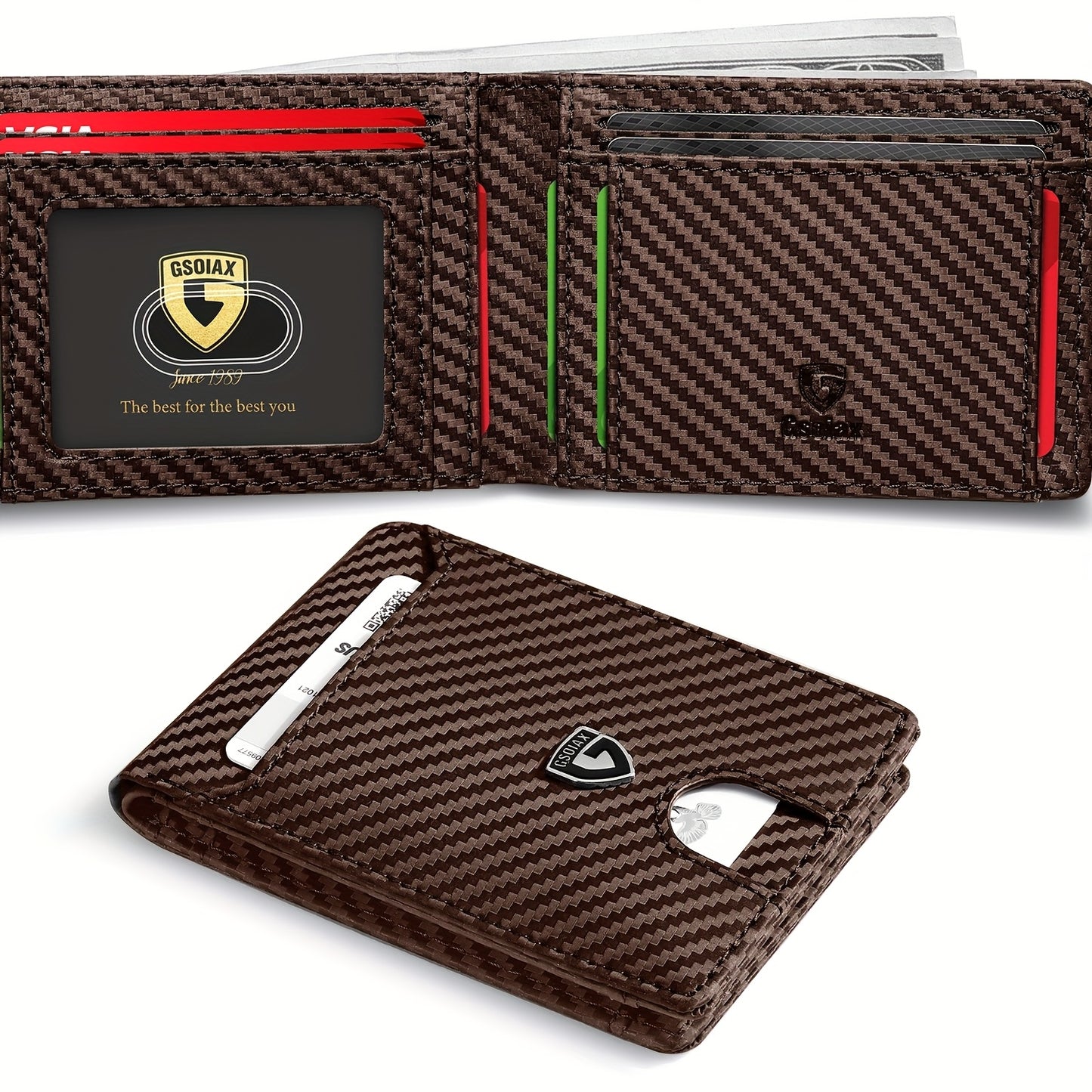 Mens Slim Wallet RFID Blocking Bifold Wallets for Men Minimalist Genuine Faux Leather Carbon Fiber Card Holder Money Clip Thin Mens with Gift Box