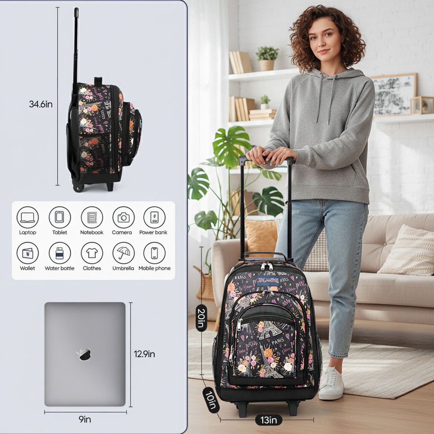 20 Inch Travel Rolling Backpack with Retractable Handle,Large Capacity Backpack with Wheels for Women & Men,Printing Travel Trolley Suitcase Bag for Weekend, School, Overnight, Work
