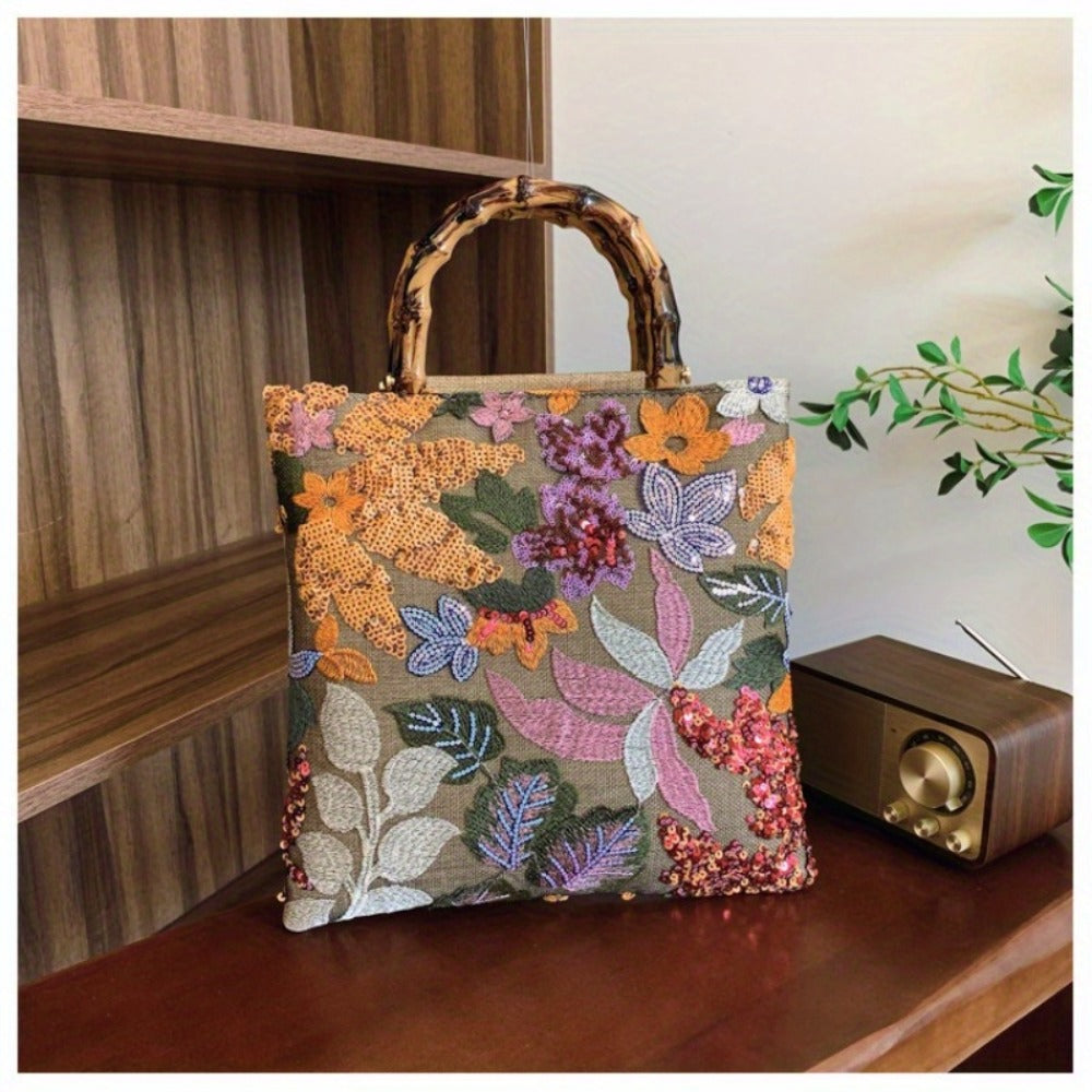 [Retro Bamboo Tote] Premium Retro Bamboo Tote Bag | Women's Hand Carry Heavy Industry Embroidery Color Sequins Tide Dinner Bag