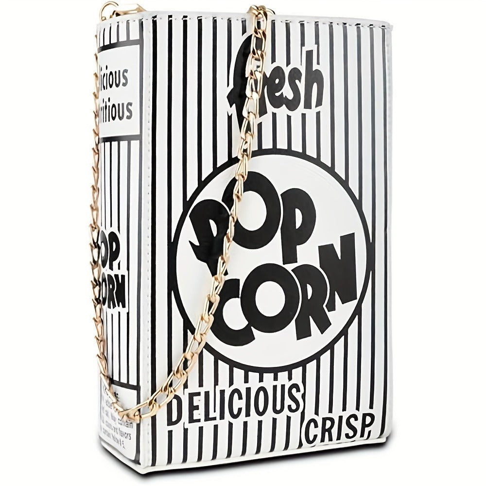Trendy Popcorn Box Design Handbag for Women, Featuring a Crossbody Style with a Chain Strap, a Distinctive Square Shape, And an Adjustable Wallet