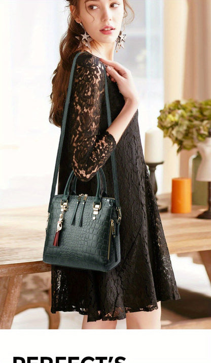 Fashion Crocodile Pattern Women's Handbag 2pcs Set, Women's Shoulder Bag with Tassel Decoration, Metal Cat Pendant Crossbody Bag