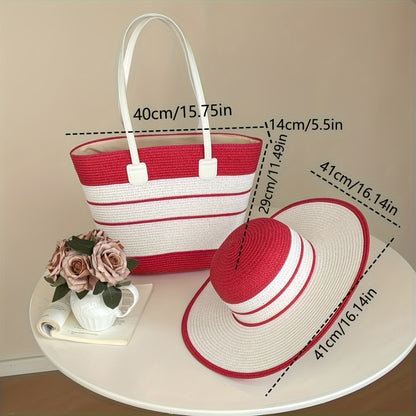 Casual Straw-Woven Women'S Tote Bag And Straw Hat Two-Piece Set, Wide-Brimmed Sun Hat And Large-Capacity Tote Bag, Beach Sun Protection Straw Bag Set, Fashionable Seaside Vacation Straw Two-Piece Set