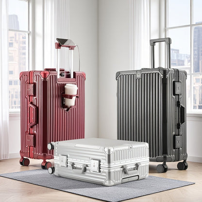 Multifunctional Aluminum Alloy Frame Suitcase, ABS+PC Material Suitcase, Scratch-resistant And Wear-resistant. Foldable Cup Holder And Side Stand Foot Hook, TSA Customs Password Lock. Universal Wheel, Internal Compartment And Compression Belt Design