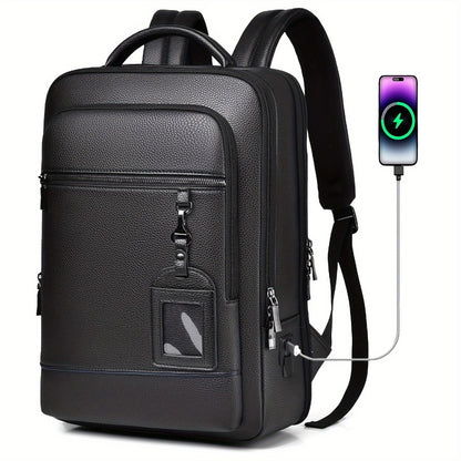 Genuine Leather Laptop Backpack for Men Fit 15.6 Inch Laptop, Business Work Office College Medium Backpack with USB Charging Port, High Quality Black Travel School Bag