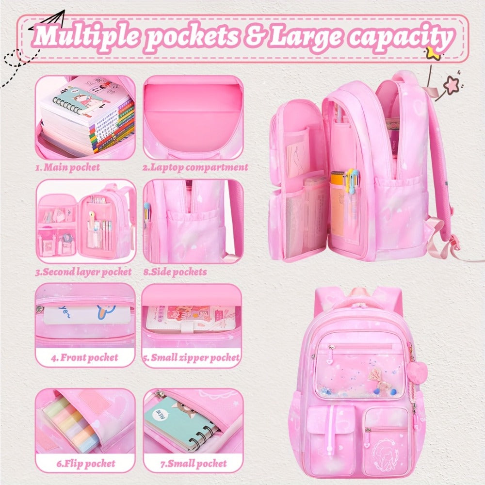 2pcs Bxboat Large Capacity Girls' Backpack with Lunch Box Pocket & 15.6" Laptop Compartment - Cute Bowknot Design, Multiple Pockets, Durable Fabric School Backpack for Teen Girls, Travel & Outdoor (Pink & Blue), Girls' Backpack, for Teenager