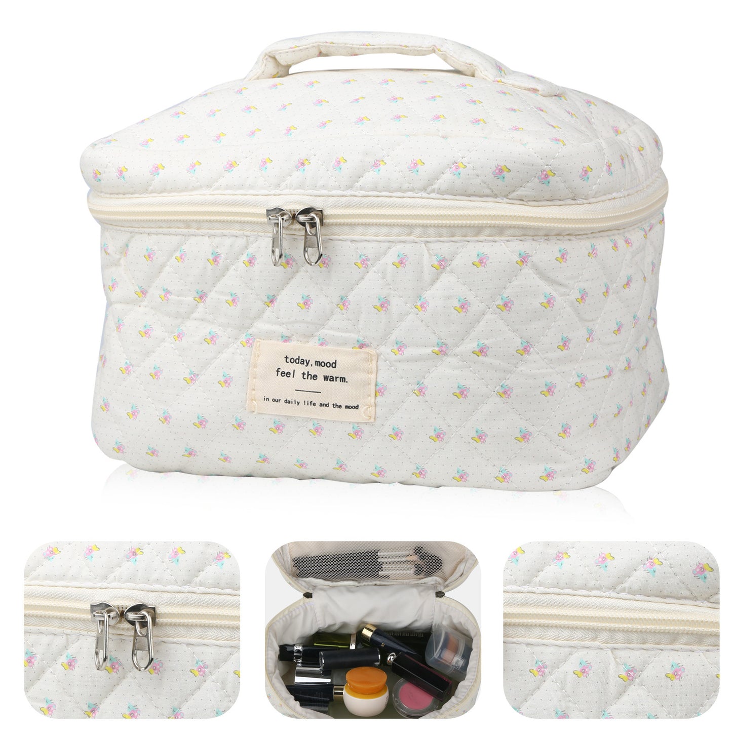 2 Pcs Cute Makeup Bag for Women, Travel Cosmetic Bags, Quilted Coquette Aesthetic Floral Toiletry Organizer Bag