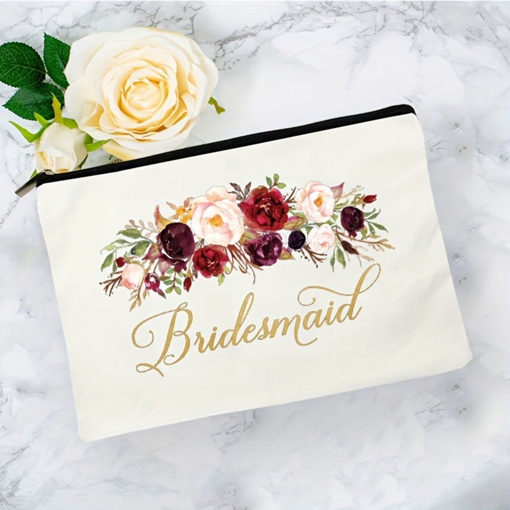 1pc Elegant Floral Bridesmaid Makeup Bag - Wedding Party Organizer with Zipper Closure, Lightweight & Portable Cosmetic Case for Bridesmaids, Floral bridal shower gift (White/, Machine Washable) - Perfect for Bridal Showers, Weddings, Everyday Use